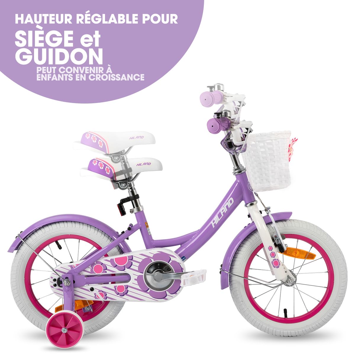 HILAND Vélo Fille 12 14 16 Pouces avec Roues Stabilisatrices et Panier, Frein à Main et Rétropédalage, Rose Violet Blanc