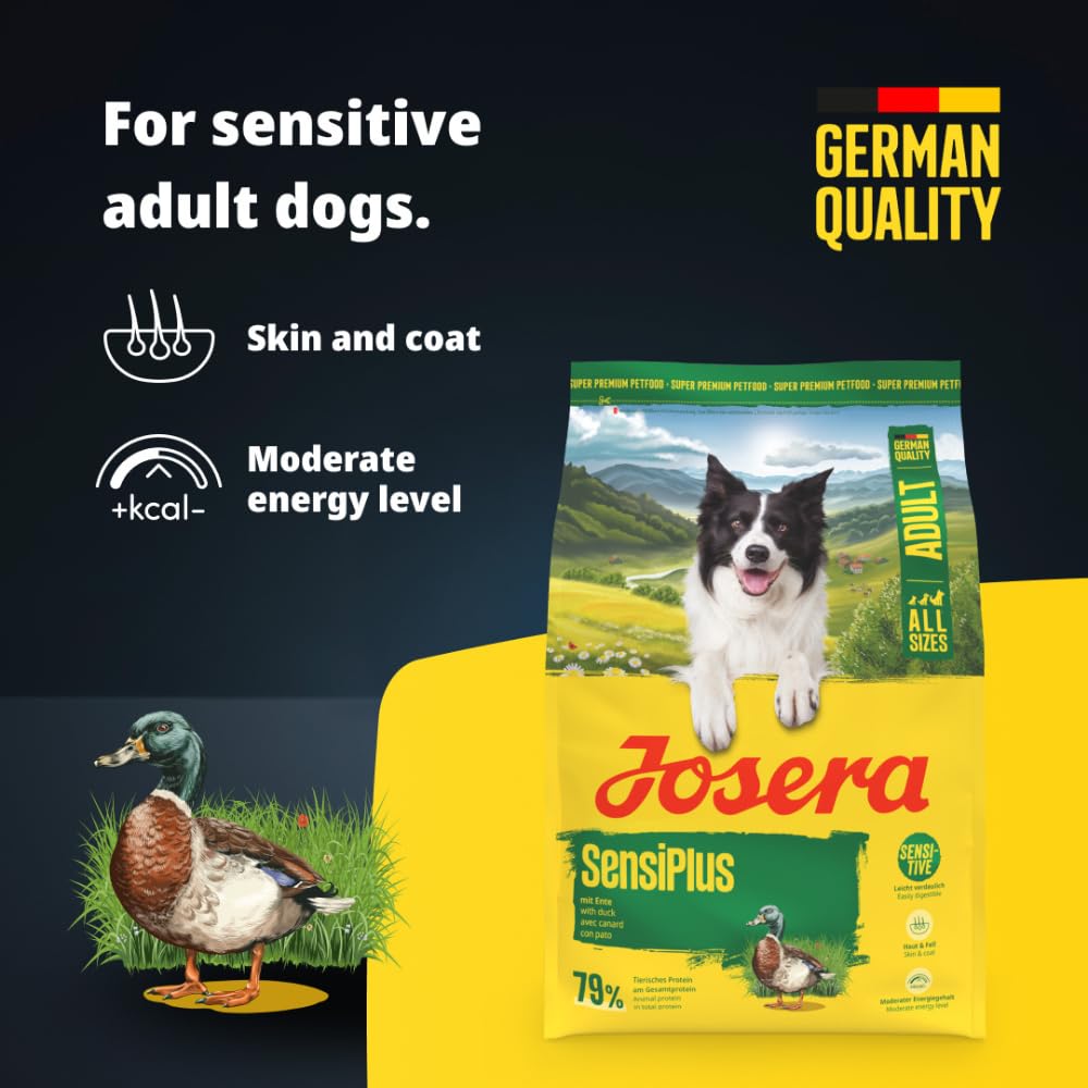 JOSERA SensiPlus (5 x 900 g) | Adult | Premium Trockenfutter mit Ente & Reis für ausgewachsene empfindliche Hunde | mit viel Biotin für gesunde Haut & Fell | hoch verdaulich | glutenfrei | 5er Pack
