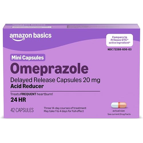Amazon Basics Omeprazole Delayed Release Mini Capsules 20 mg, Acid Reducer, Treats Frequent Heartburn, 24HR, 42 Count (Previously Care)
