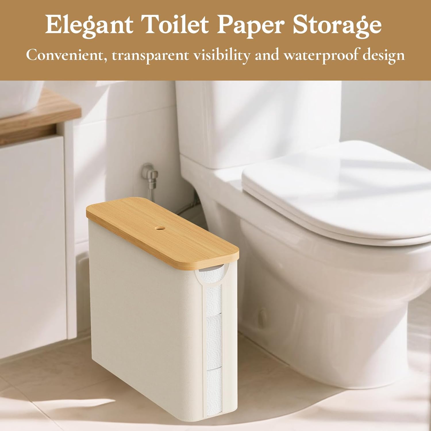 Toilet Paper Storage Basket with Bamboo Lid, Toilet Paper Holder with Storage, Free Standing Bathroom Storage Organizers with Non-Slip Bottom Beige, 1 Pack - Image 6