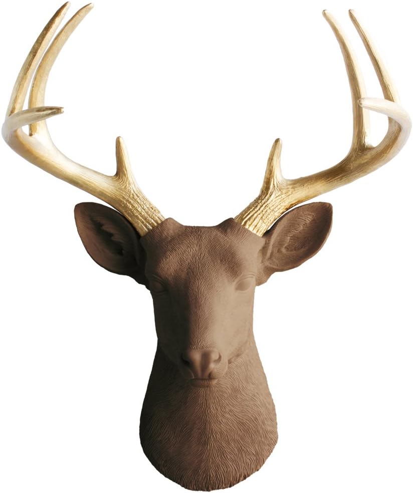 Wall Charmers Deer in Chocolate + Gold Antler - Brown Faux Head Bust Fake Animal Replica Resin Taxidermy Fauxidermy Mount Decor Mounted Art