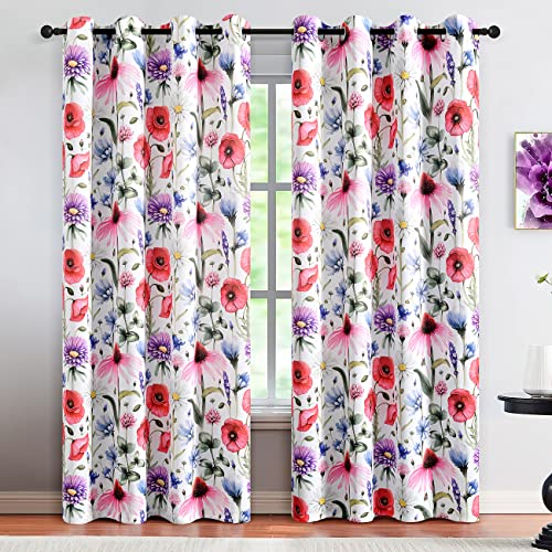 Finecity Room Darkening Curtains For Bedroom, Light Block Red Poppy Floral Curtains 63 Inch Length 2 Panels Set, Grommet Privacy Window Flower Drapes For Nursery Room, 52 X 63 Inch, Red #TOP1