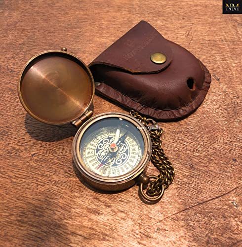Brújula de latón portátil con estuche de cuero miniatura 4