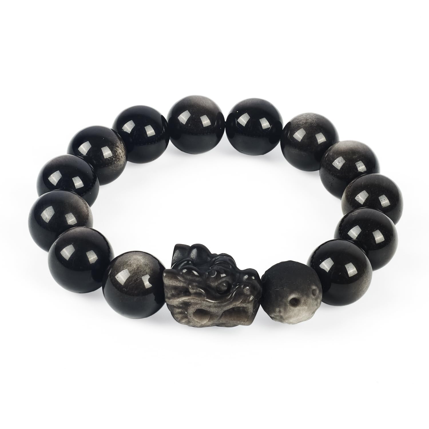 Natural Obsidian Bracelet For Men 10MM | Adjustable Stone Beaded Bracelet | Handmade Obsidian Stretch Elastic Bracelet for Men Women Gifts | with Pixiu Sculpture | Black and...