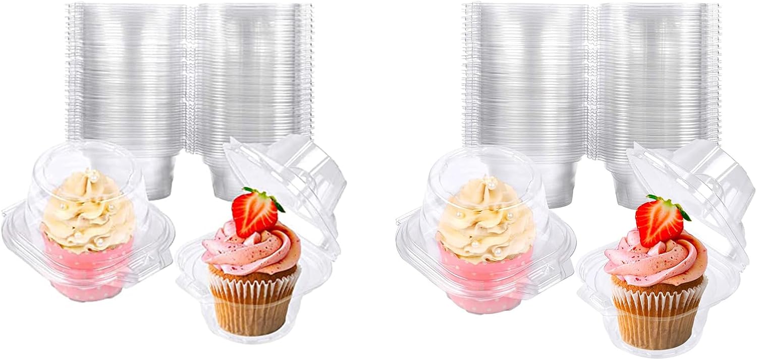 Bundle of 50 Pack Individual Cupcake and 200 Pack Individual Cupcake Holders Stackable Deep Dome Cupcake Carrier
