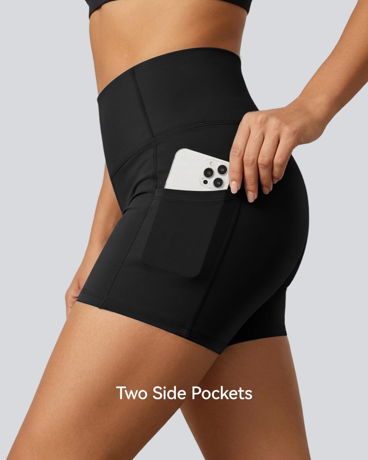 Sogetdo Workout Biker Shorts Women with Pockets High Waisted No Front Seam Spandex Athletic Gym Running Yoga Shorts S776-Black-M
