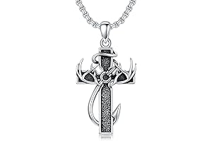 Cross Necklace for Men 925 Sterling Silver Cross Deer Antler Fish Hook...