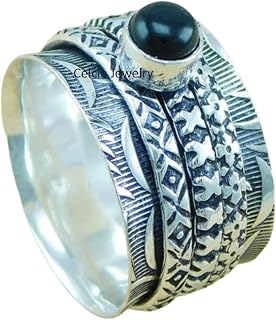 Natural Black Onyx Gemstone Spinner Ring, Real 925 Sterling Silver Spin Meditation Ring, Unisex Handmade Ring, Wedding Gifts Ring, Silver Oxidized Ring
