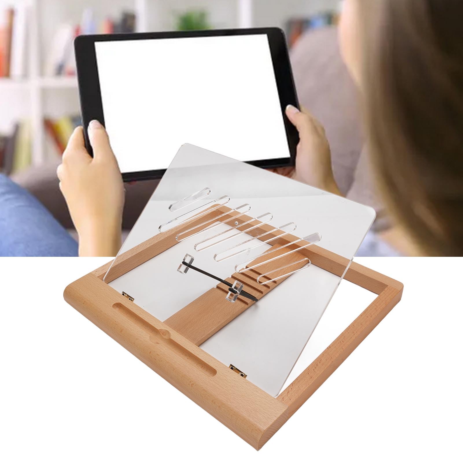 Supporto per Tablet in Legno Supporto Portatile per Disegno, Lettura, Digitazione, 5 Angolazioni, Ideale per Guardare Film, Giocare, Faggio, con Slot per Matita