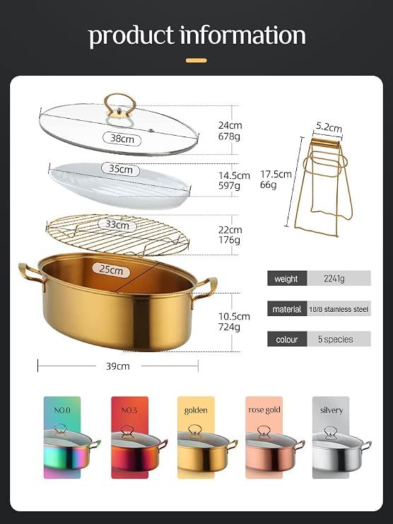 8Qt Stainless Steel Oval Fish Steamer 5 PCS Set 18/8 Premium Heavy Duty With Cooking Pot, Ceramic Pan, Chuck,Vented Glass Lid,Plate clamp for Steaming Fish, Boiling Soup-Gold