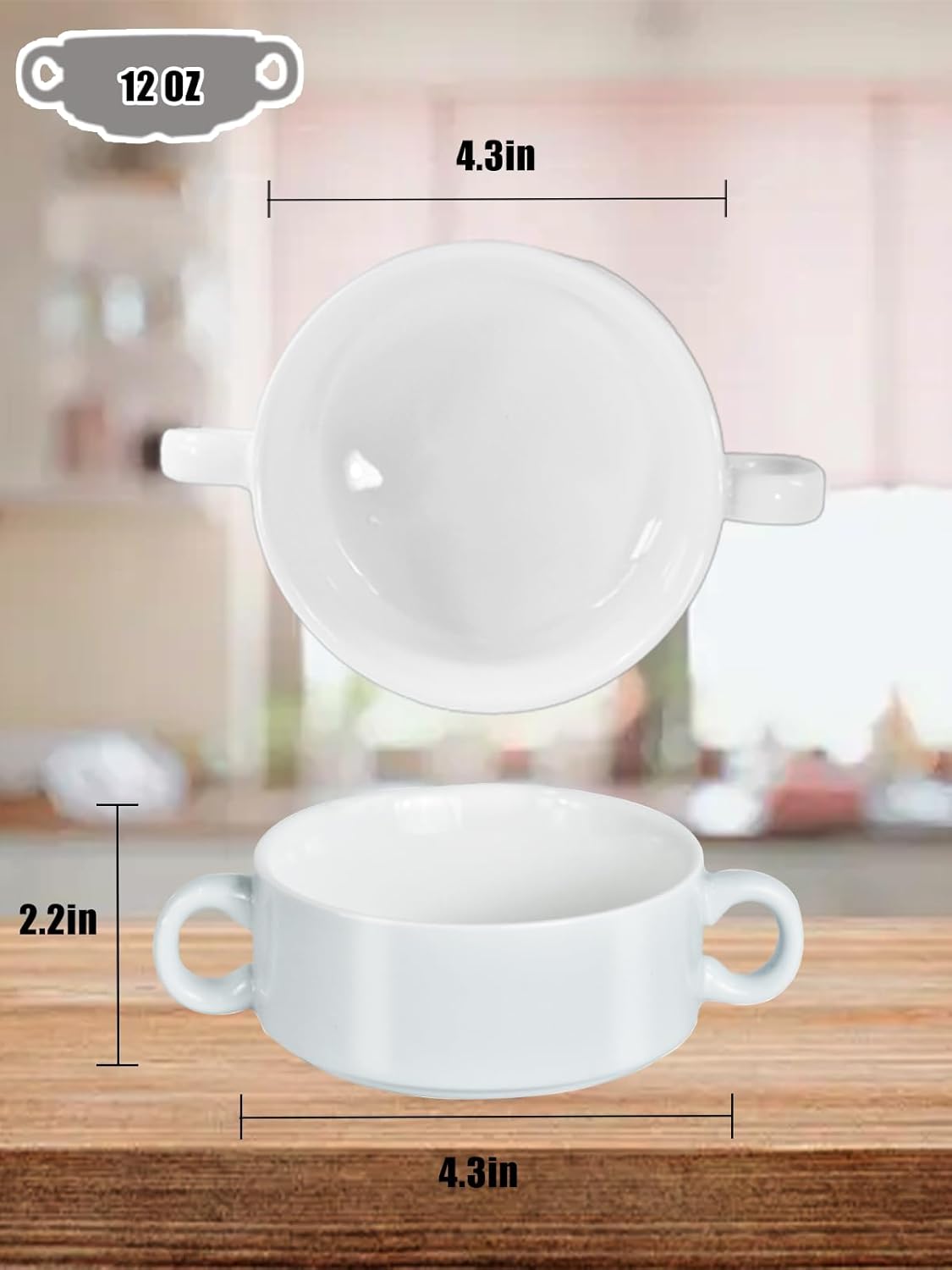French Onion Soup Bowls with Handles, 12-Ounce Stackable Soup Crocks, Ceramic Soup Bowls Dishwasher, Oven, Microwave Safe, Large Ramekins Bowls Set of 4 (White)