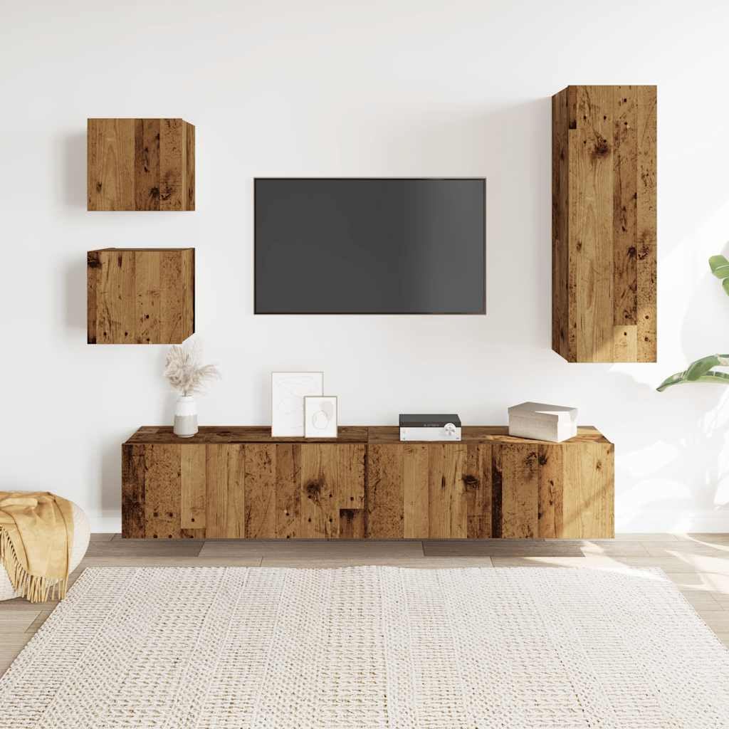 5-TLG. TV-Schrank-Set Wandmontage Altholz-Optik Holzwerkstoff, Modernes Media-Center, Stauraum für Wohnzimmer, Schlafzimmer, Langlebig & Robust