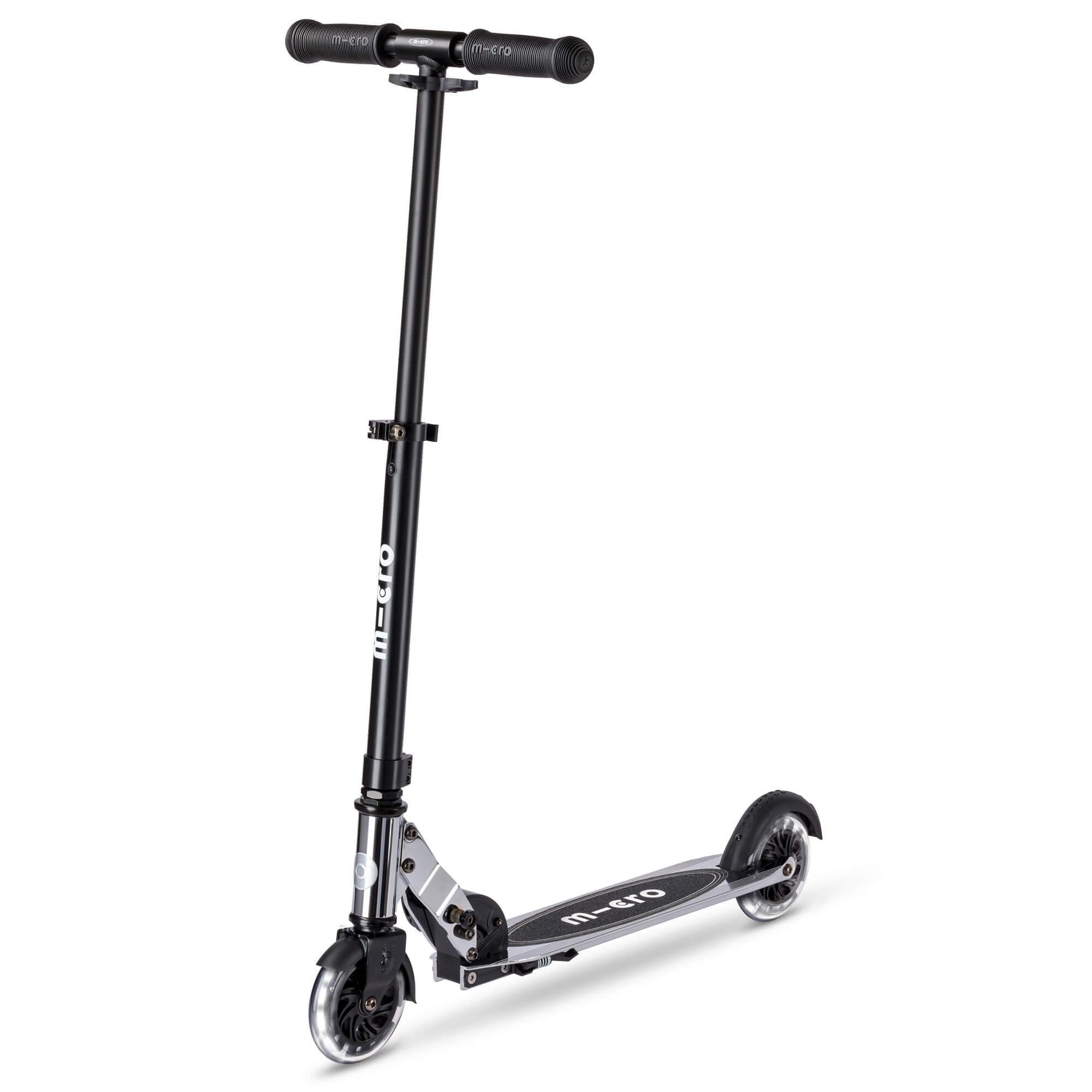 Micro Scooters | Micro Sprite Chrome LED Children's Scooter | Handlebar Adjustable | Light Up Wheels | Foldable | Kickstand | 5 to Teen | Boys & Girls | Silver