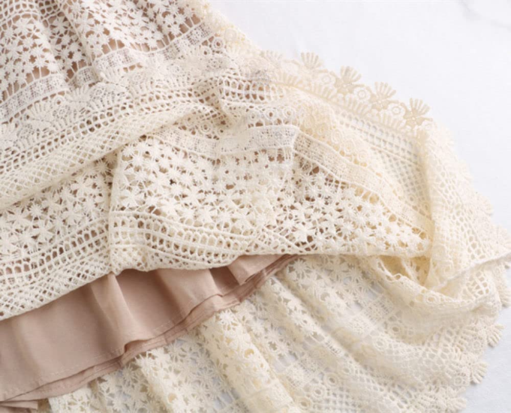 OZEO Röcke,Damen Midirock Beige Hohe Taille Haken Blumenstickerei Plissee Skir Retro A-Linie Große Schaukel Geraffte Elegante Lange Röcke Für Damen Mädchen Herbst,S