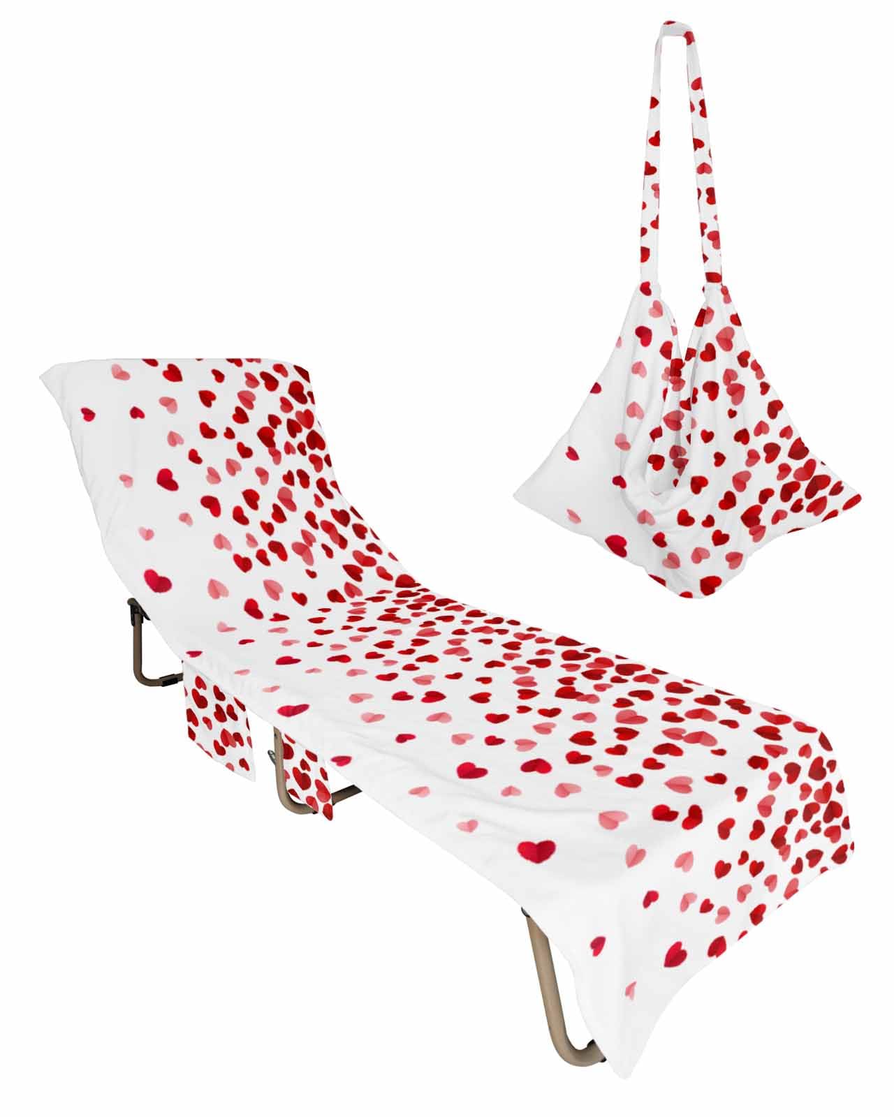 Valentine's Day Beach Chair Towel Covers for Chaise Lounge with Side Pocket, Soft Plush Pool Towels Cover for Patio Sunbathing Outdoor 29''x85'' Romantic Heart Red Love Spring Holiday