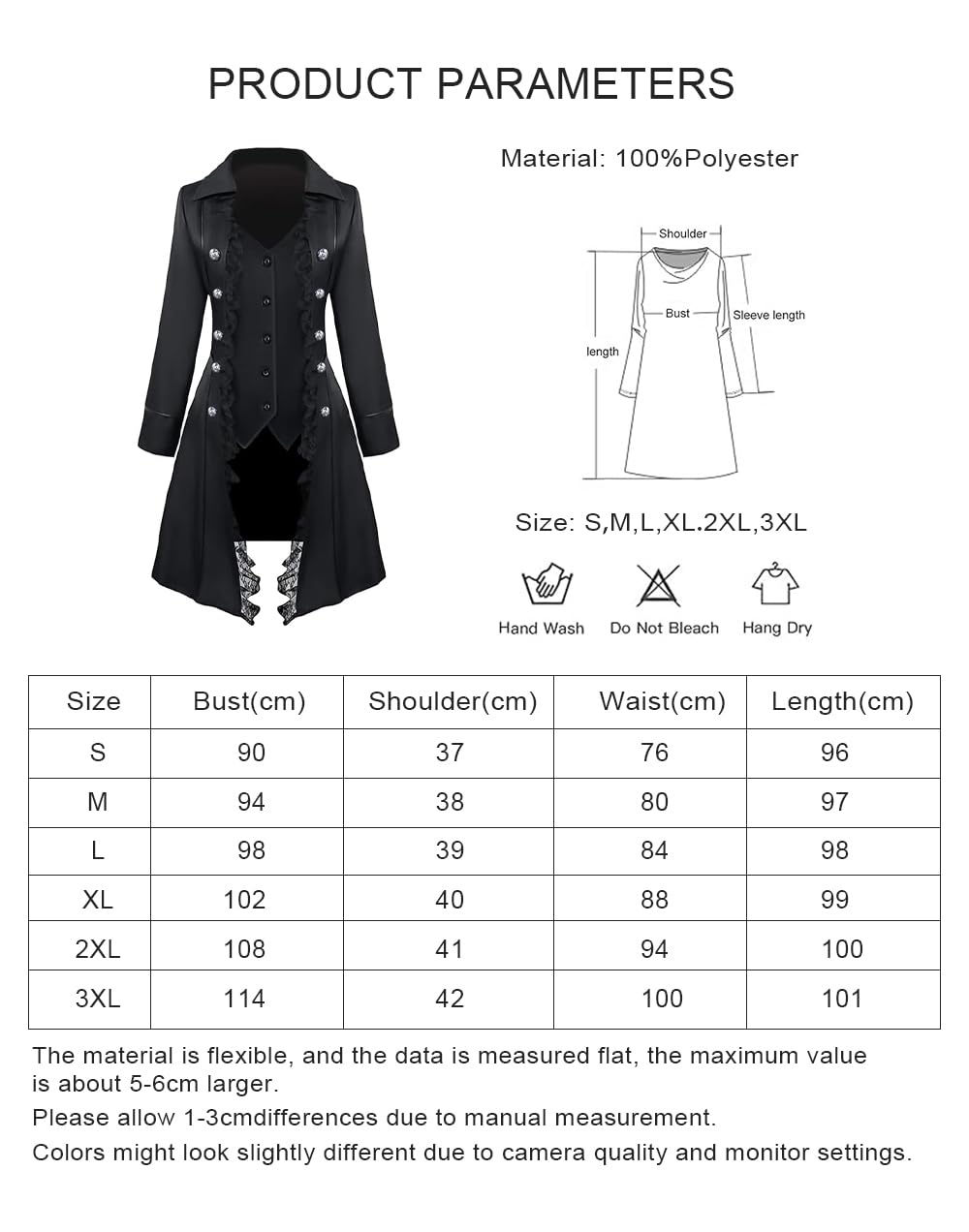 Feynman Damen Steampunk Frack Gothic Mantel mit Spitze, Fraun Barock viktorianisch Dreireiher Vintage Mittelalterlich Jacke Uniform Schwarz S