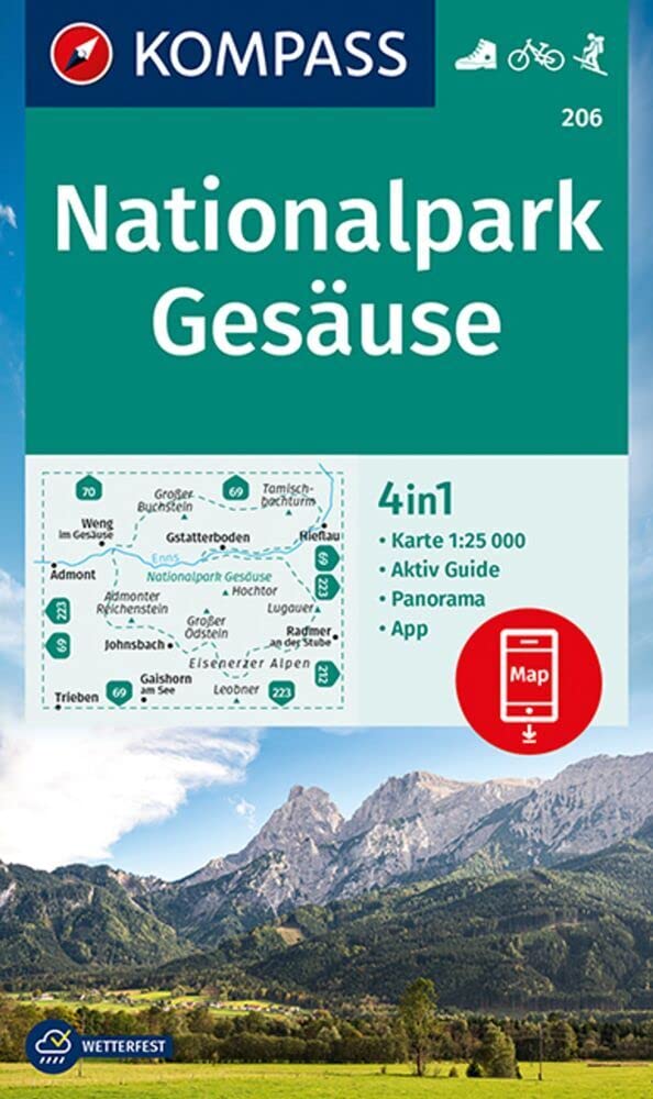 Gesäuse Nationalpark 206 GPS wp kompass +AG (206): 4in1 Wanderkarte mit Panorama und Aktiv Guide inklusive Karte zur offline Verwendung in der KOMPASS-App. Fahrradfahren. Skitouren.