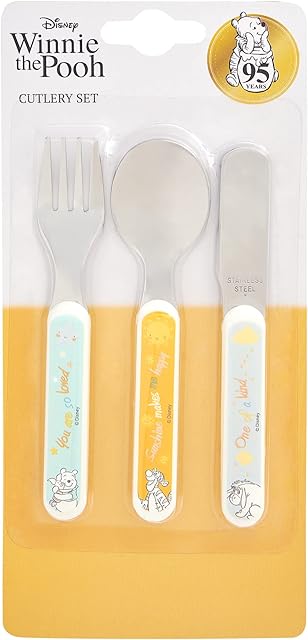 Disney - Winnie the Pooh 3 Piece Cutlery Set  Metal, Reusable Children's Knife, Fork & Spoon, Made from Food-Safe Stainless Steel & ABS Plastic  Eeyore & Tigger  for 12 Months & Up, Multi Coloured