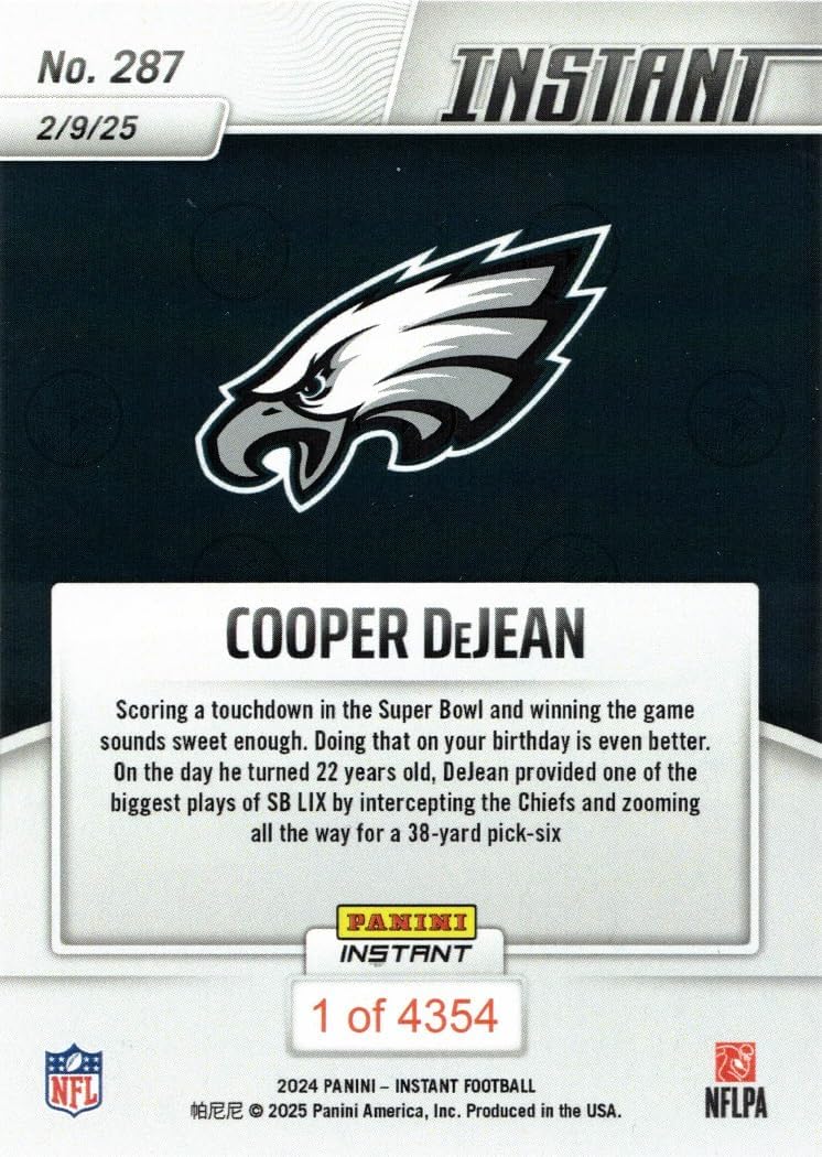 2024 Panini Instant Football #287 Cooper DeJean Rookie Card Eagles - Celebrates Birthday w/Pick-Six in Super Bowl