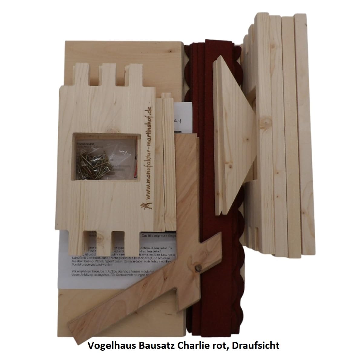 Vogelhaus Bausatz Charlie rot Manufaktur Martinshof L: 47 cm B: 38,5 cm H: 43 cm Material: unbehandeltes Fichtenholz Futterhaus Garten Holz Hochzeit Geschenk Vogelvilla Terrasse