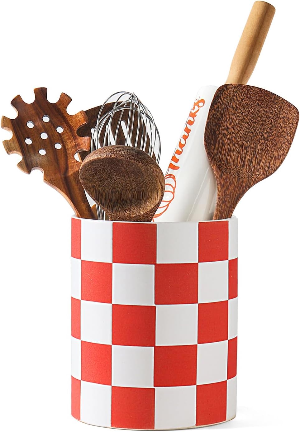 Utensil Holder，7.1"+5.8" Ceramic Kitchen Utensil Holder for Counter top, Checkered Cooking for Spatula & Spoon, Kitchen Decor, Set of 2 (Purplish-pink Checkered)