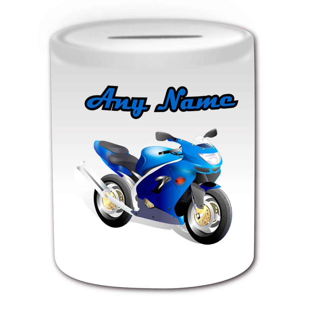 Unigift White Personalised Gift - Motorcycling Money Box (Sport Design Theme, ) - Any Name/Message On Your Unique - Piggy Bank Saving Jar Pot - Motorcycle Racing Motor Bike