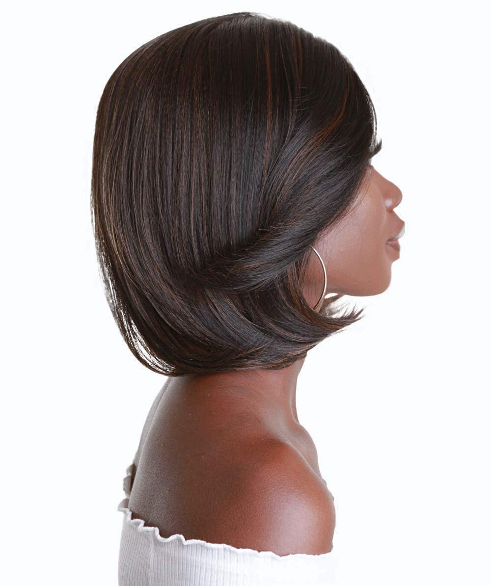 LUXLUXE Mina Straight 12 Inch Long 4X4 Hand-Tied Lace Front Wig, Heat Resistant Fiber, 20+ Shades of Natural, Dip Dyed, & Blended Colors (#F1B/30 - Black with Caramel Highlights)