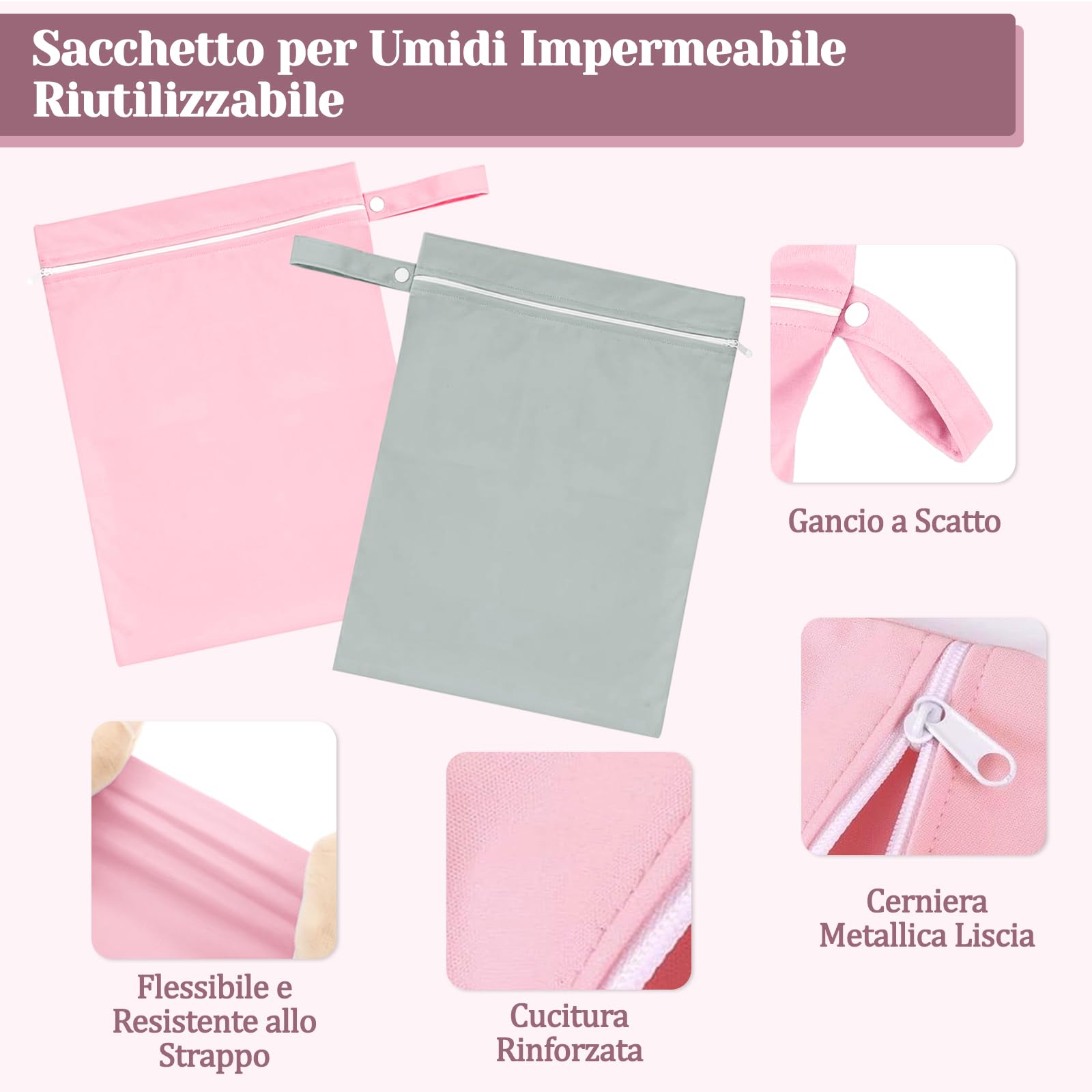 Sacca Impermeabile Wet Bag 40x30 cm Porta Pannolini Salviette Zip Manico Riutilizzabile Pieghevole 2 Pezzi
