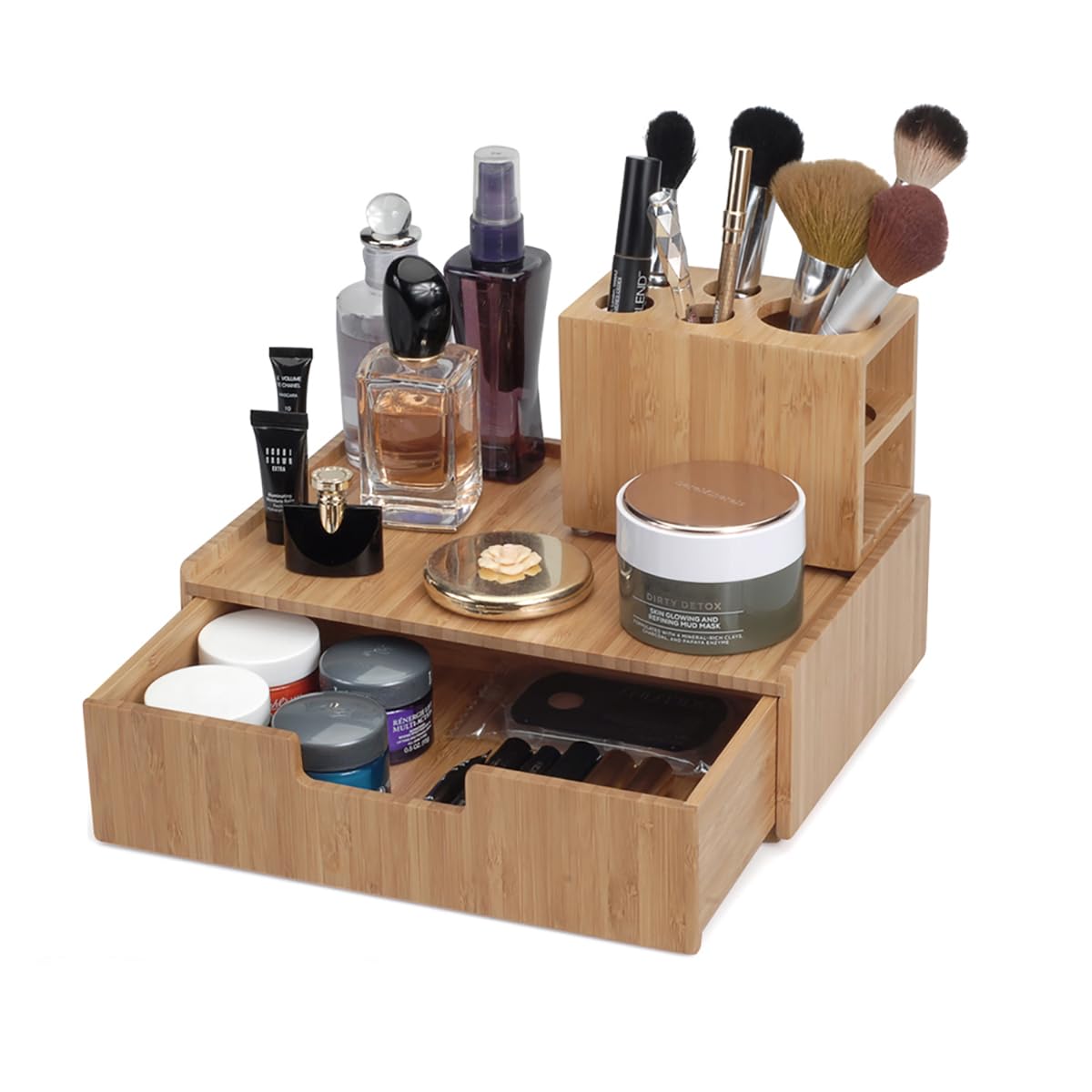 MobileVision Bamboo Makeup Drawer Organizer with 5-Compartment Brush Holder Stand Combo