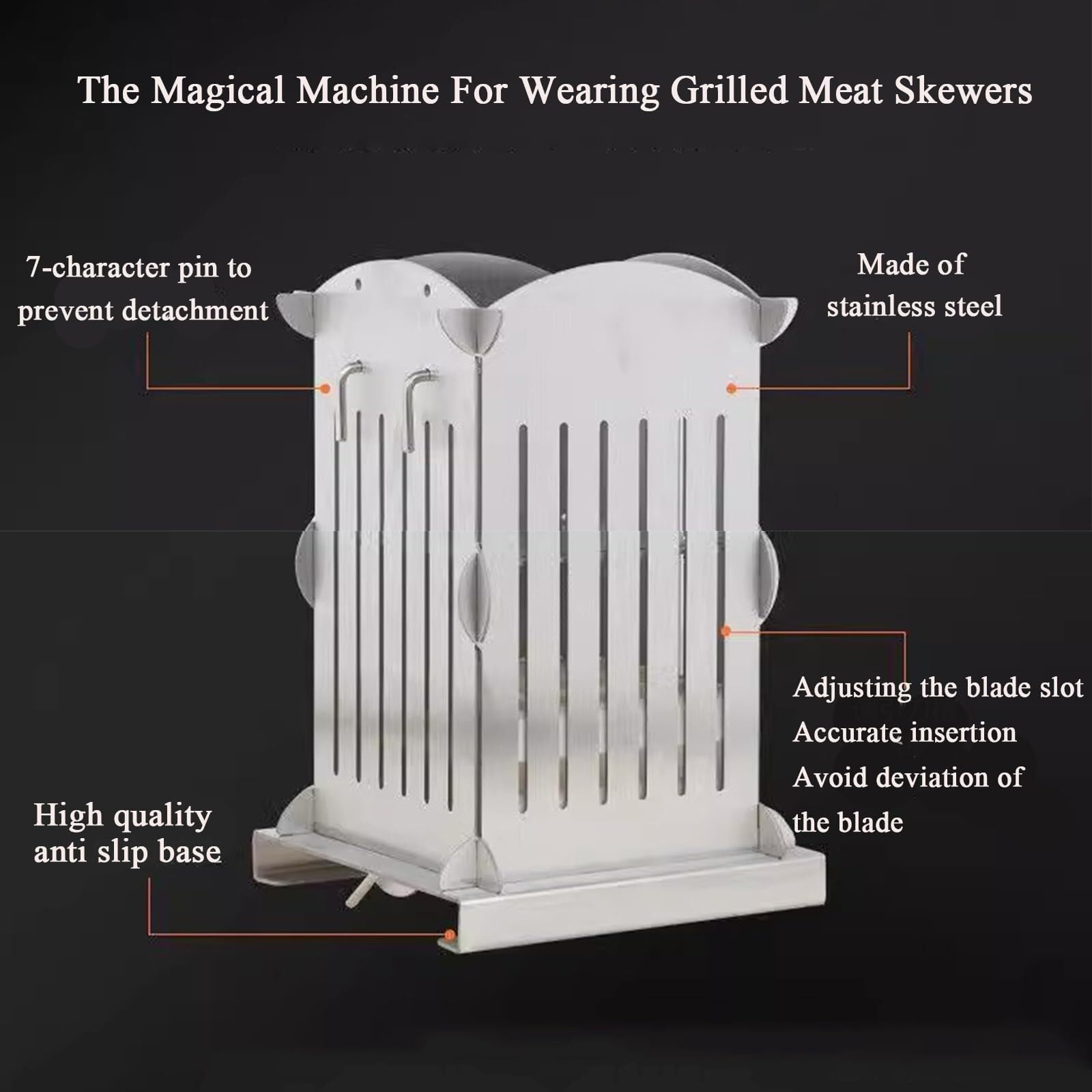 Kebab Maker Box, maszyna do robienia szpikulców ze stali nierdzewnej z 81 otworami, zawiera 100 patyczków bambusowych, narzędzie o regulowanej wysokości do grilla, kuchni i pikniku