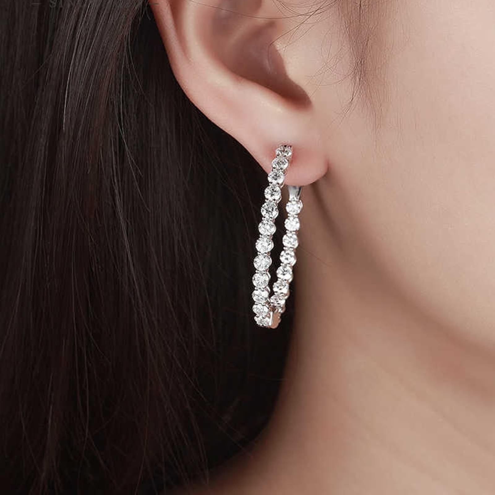 Creole Hoop 9K/14K/18K białe złoto, białe laboratorium stworzone diamenty duże okrągłe kolczyki na sztyfcie Boże Narodzenie, szlif okrągły, 18/14/9-karatowe złoto, kolczyki wiszące, prawdziwe
