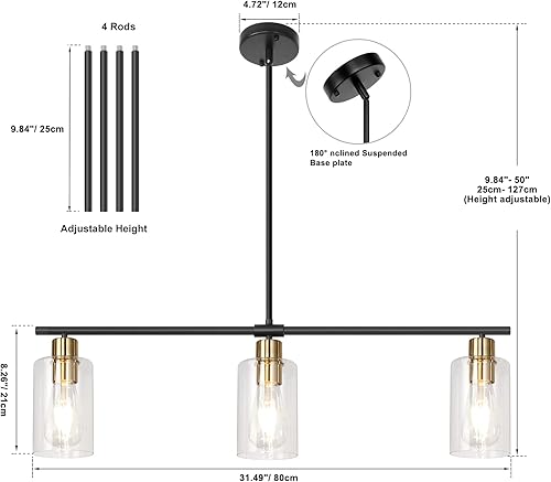 Miniatura 6 de KMaiPem Iluminación de isla de cocina, lámpara lineal de granja de 3 luces, lámpara de comedor negra y dorada con pantallas de vidrio, luces