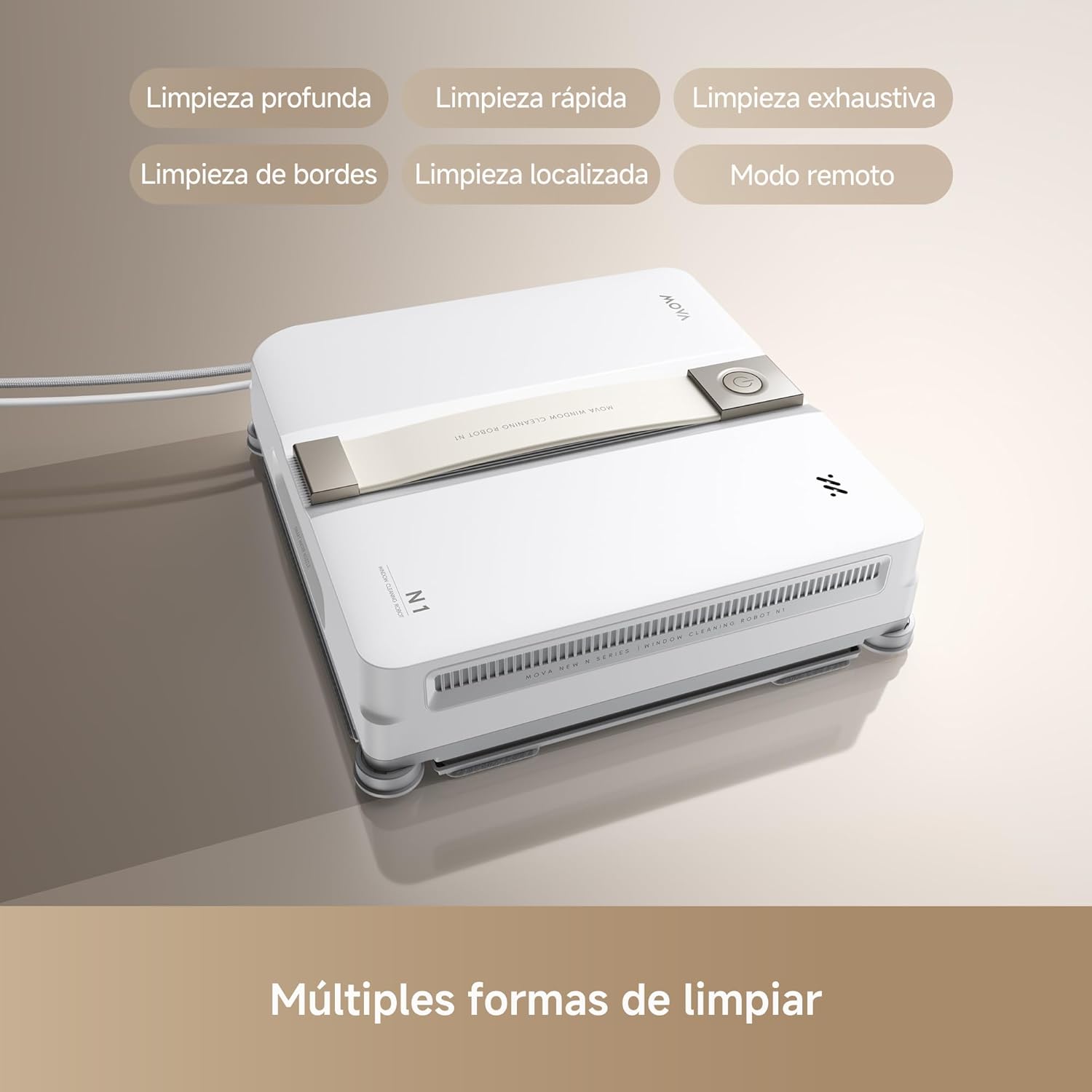 MOVA N1 robot on a surface with text overlays indicating various cleaning modes: Deep, Quick, Exhaustive, Edge, Localized, Remote.