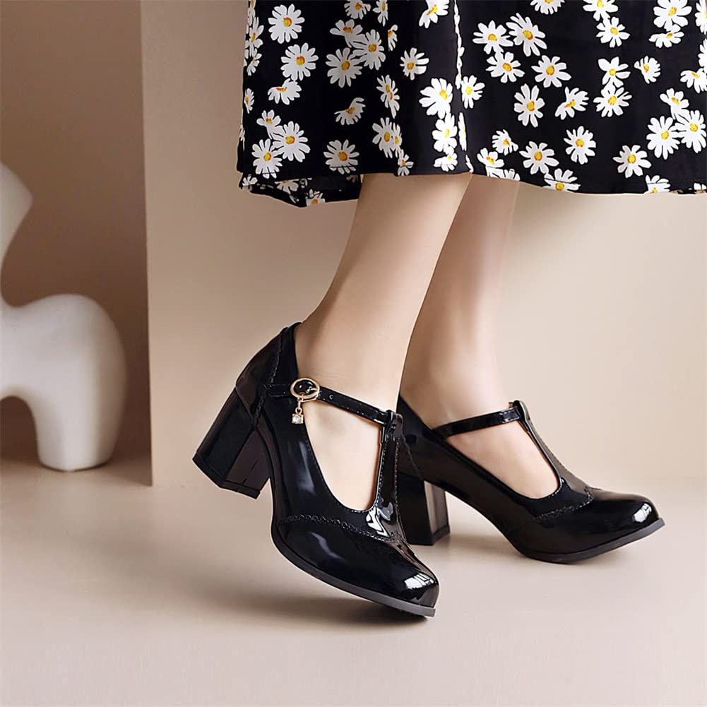 Mary Jane Shoes Women T-Strap Patent Leather Pumps Chunky