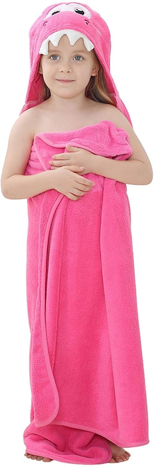 MICHLEY Cartoon Hooded Baby Towel Unisex, Premium Soft Swimming Bathrobe Large Washcloths 31.5" x 53" for 0-9T (Pink Dinosaur)