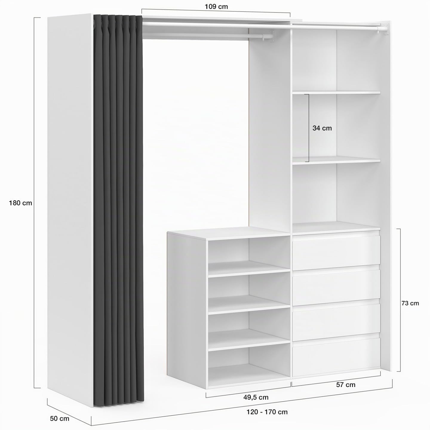 IDMarket - Dressing extensible XXL MARTY 120/170 x 50 x 180 cm blanc avec 4 tiroirs + étagères + penderie + rideau gris