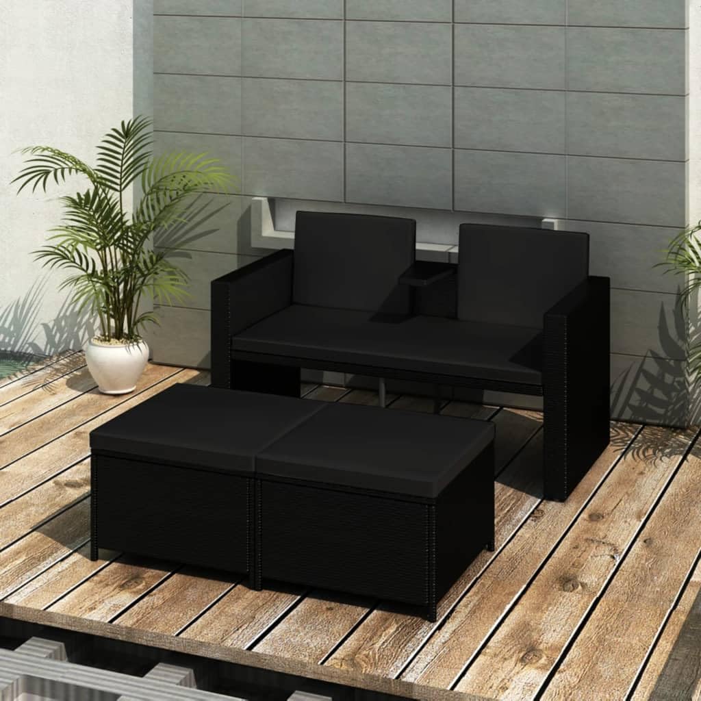 Salon de jardin 3 pièces pour balcon et terrasse en résine tressée avec coussins confortables