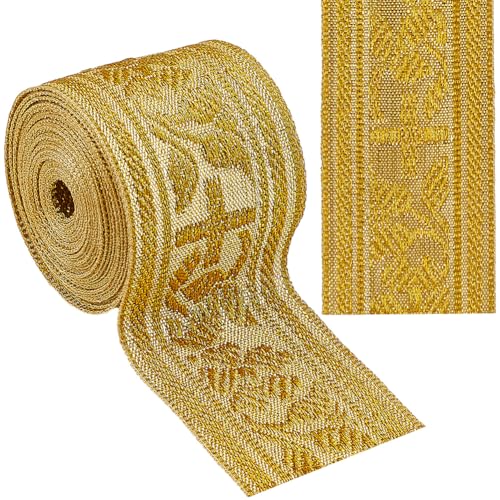 GORGECRAFT Cinta de Jacquard de Poliéster Étnico de 4.6m*39mm Borde de Tejido Bohemio Bordado Vintage Patrón de Cruz Tela para Coser Ropa Cortinas Tapicería Envoltura de Regalos Apliques Dorados