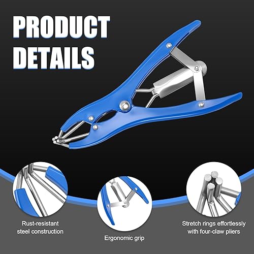 Miniatura 2 de Kit de Anillado para Cabras, Elastrador de Acero Inoxidable con 200 Piezas de Bandas de Goma de 3 Tamaños y Herramienta Expansora para el Manejo