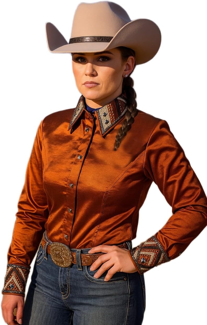 Women’s Equestrian Show Shirt – Orange Embroidered, Long Sleeve, Premium Performance Fabric, Western Riding Apparel