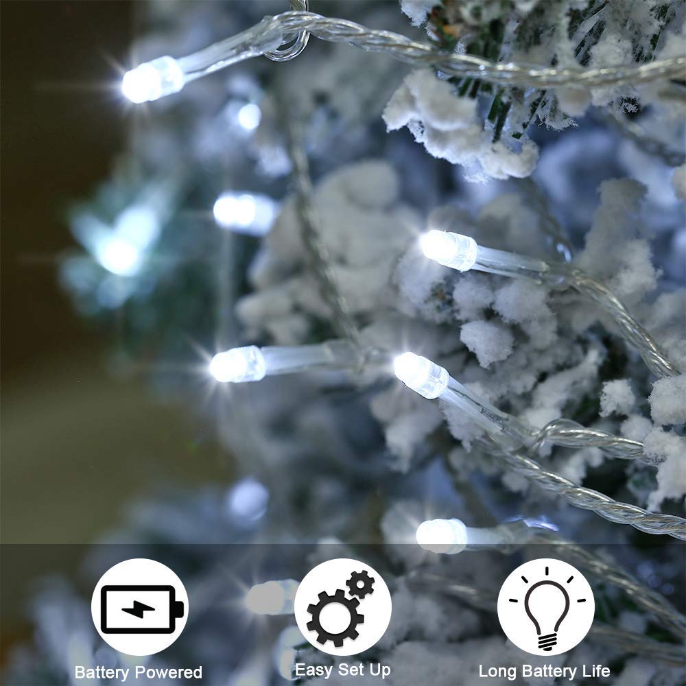 Qedertek Luci Natalizie a Batteria da Esterno, Catena Luminosa 20M 200 LED, Cavo Trasparente, Funzione di Timer con telecomando, Luci Stringa per Albero di Natale, Luci Bianco Addobbi Natale