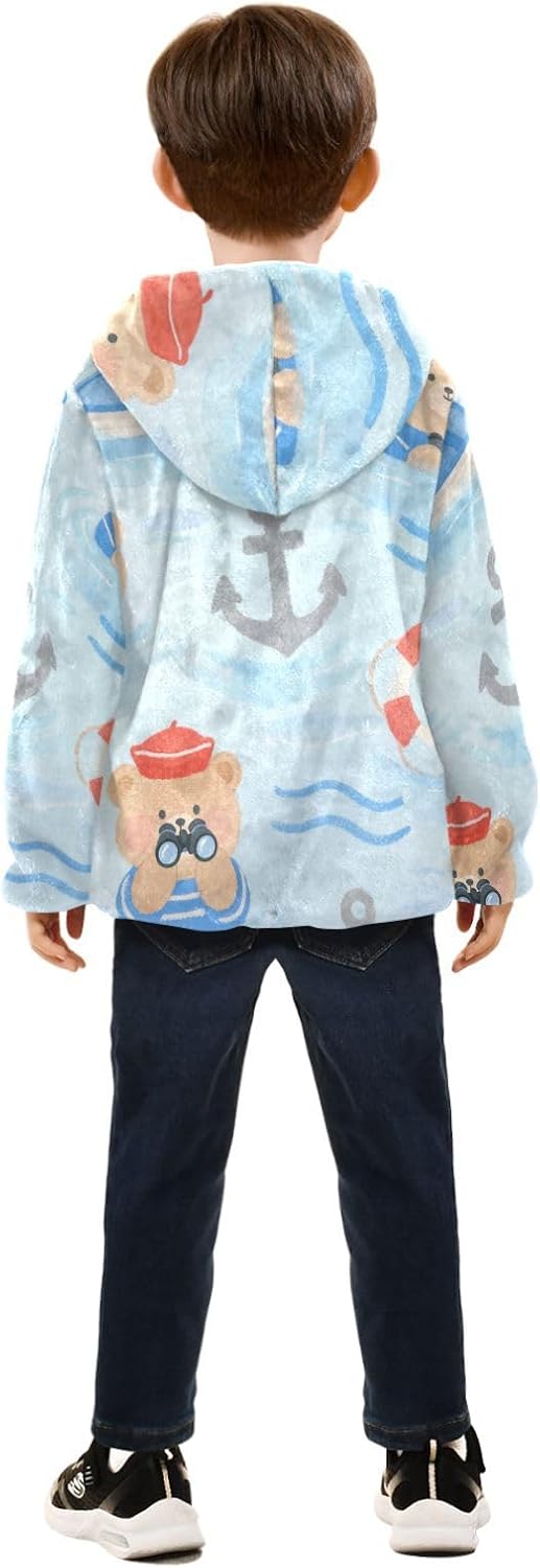 Cartoon Cute Brown Bear Fleece Zip Up Jacket Children Plush Lined Navy Blue Fall Baby Boy Clothes