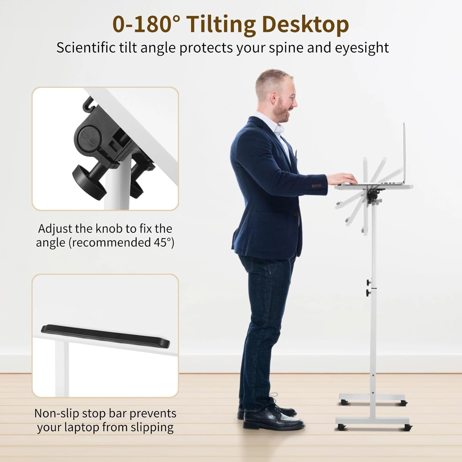 Mobile Podium, Adjustable Standing Desk with Caster Wheels, Adjustable Height 360° Swivel Desktop, Versatile Podium Laptop Desk Stand Up Desk Easel Presentation Lectern (White)