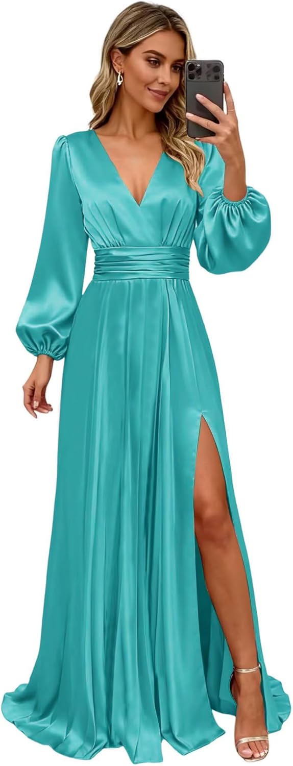 Fivsole Women's Satin Bridesmaid Dresses with Sleeves Long Sleeves Formal Evening Gowns with Slit