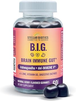 Del-Immune V + Ashwagandha - Brain Immune GutTM B.I.G. Gummy - All Natural Immune & Gut Support with Zinc, Vitamin D3 + Digestive Enzymes 60 Gummies