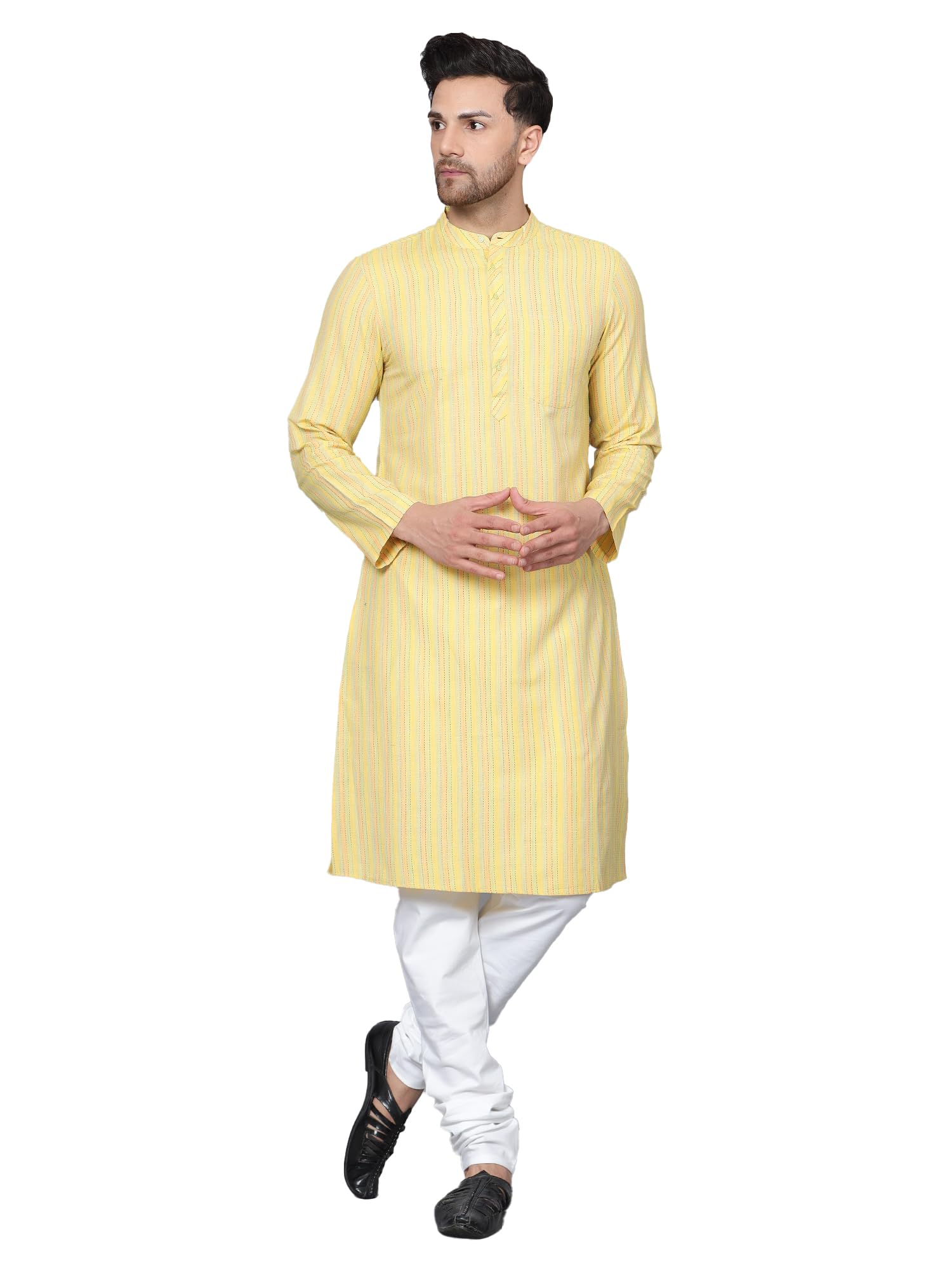 latest chikan Men's Cotton Regular Striped Knee Lenght Kurta Full Sleeves - Casual Ethnic Wear-picture-36