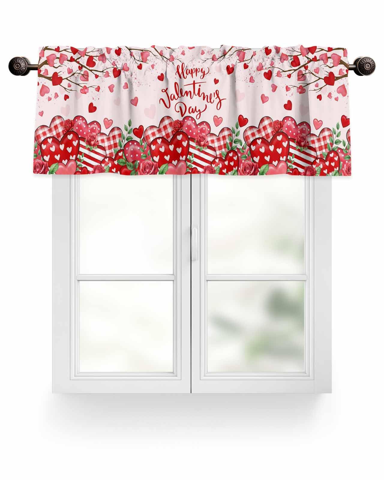 BEMIGO Valances for Windows, Light Filtering Short Curtains for Windows Heart Tree Romantic Pink Valance Curtains for Kitchen Living Room Cafe Bedroom Decor 54X18In