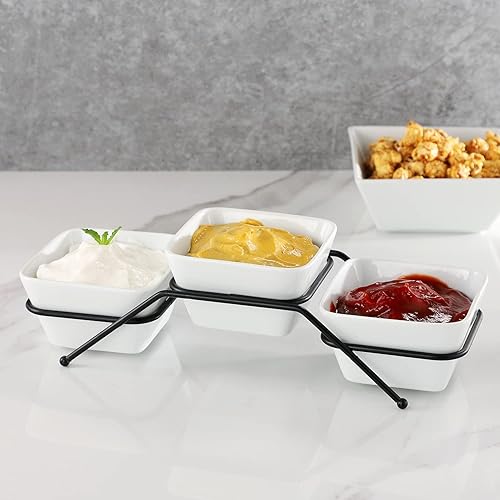 Miniatura 6 de Buyajuju 3 pcs square bowl Porcelain Chip & Dip Serving Set with Black Metal Stand, 4.5inch White Small Serving Bowls for Side Dishes, Salsa,