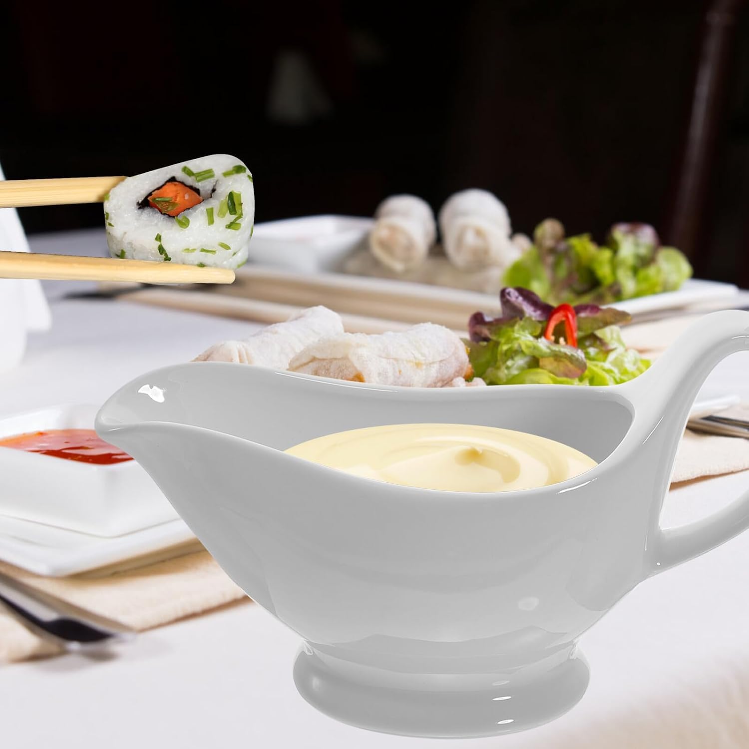 OSALADI Ceramic Gravy Boat with Dripless Pour Spout Handheld Sauce Container for Hot and Cold Gravies Salad Dressings Broth Premium Kitchen Creamer Pitcher