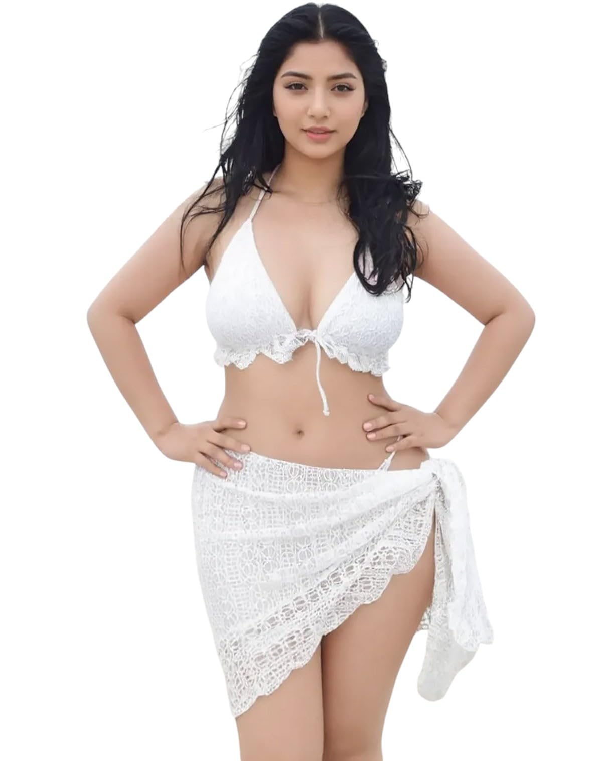Women's Crochet Beach Sarong Wrap - Sexy Sheer Knit Bikini Cover Up with Adjustable Side Tie, Scalloped Hem for Summer Pool & Vacation, Solid Black-picture-58